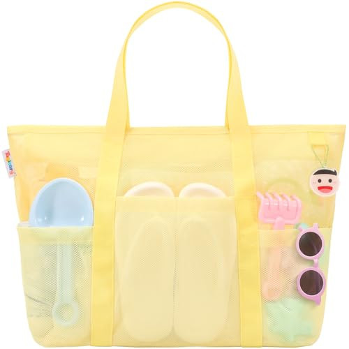 Tagitary Beach Toys Mesh Beach Bag with Zipper and 8 Pockets, Yellow Large Beach Tote Waterproof Sandproof for Camping Sports Pool Swim Bag Foldable Beach Accessories Storage Travel Bag | Amazon (US)