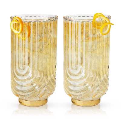 Viski Gatsby Highball Glasses Set of 2 - Vintage Drinking Glass, Art Deco Ripple Glassware Arch D...