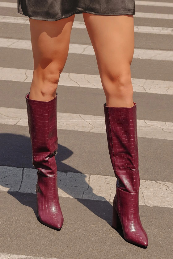 Katari Cranberry Croc Pointed-Toe Knee High Boots | Lulus