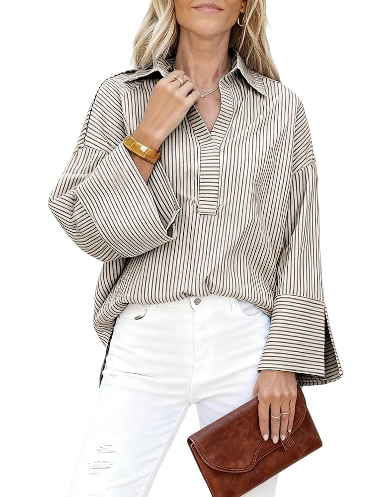 Watashi Women Button Down Shirt Casual Striped Print Dress Shirts Long Sleeve Collared Office Wor... | Amazon (US)