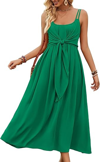Women's Tied Baggy Long Dress Scoop Neck Sleeveless Maxi Dress Ruffled Pure Color Sundress | Amazon (US)
