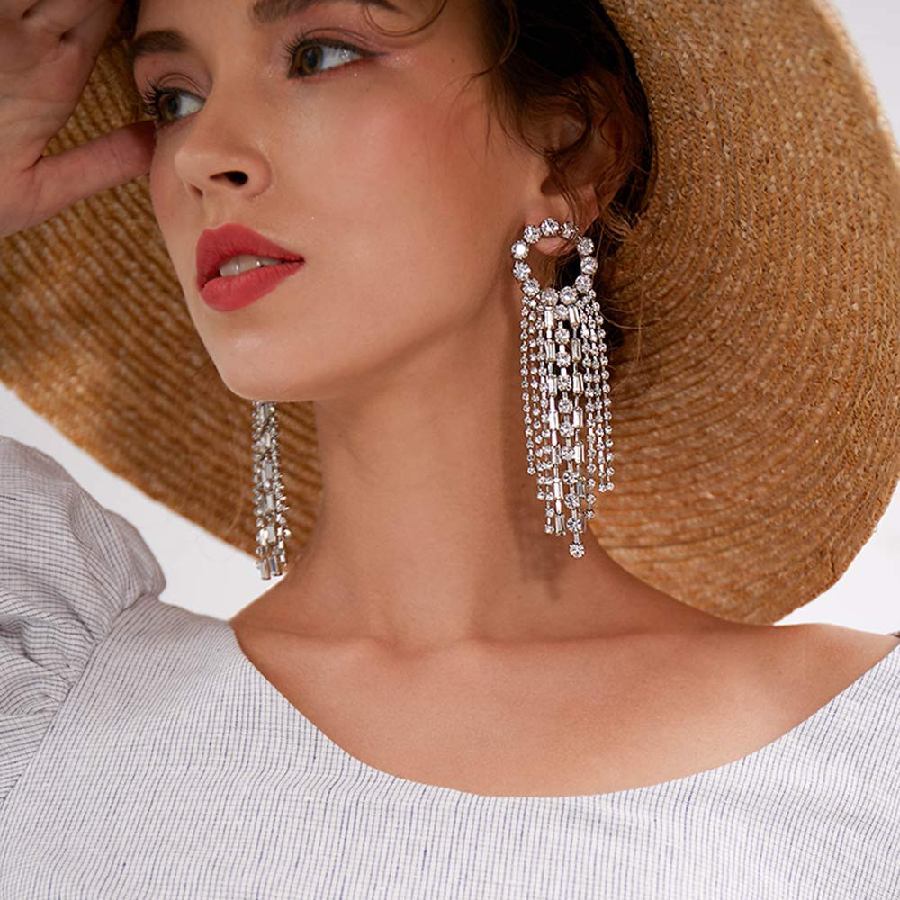 fxmimior Fashion Women Earrings Silver Tassel Full Rhinestones Ring Long Chain Drop Dangle Earrin... | Amazon (US)