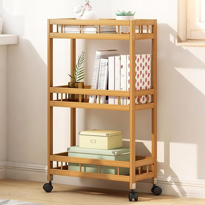 3/4Tier Slim Storage Rolling Cart with Wheel,Wood Storage Trolley Cart,Kitchen Rolling Utility Ba... | Amazon (US)
