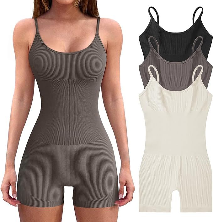 3pcs Women’s Bodysuit Yoga Workout Romper One Piece Outfits Ribbed Sleeveless Going Out Bodycon... | Amazon (US)