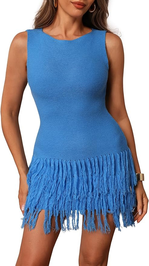 Women's Fringe Sleeveless Mini Dress Crew Neck Bodycon Knit Party Club Dresses | Amazon (US)