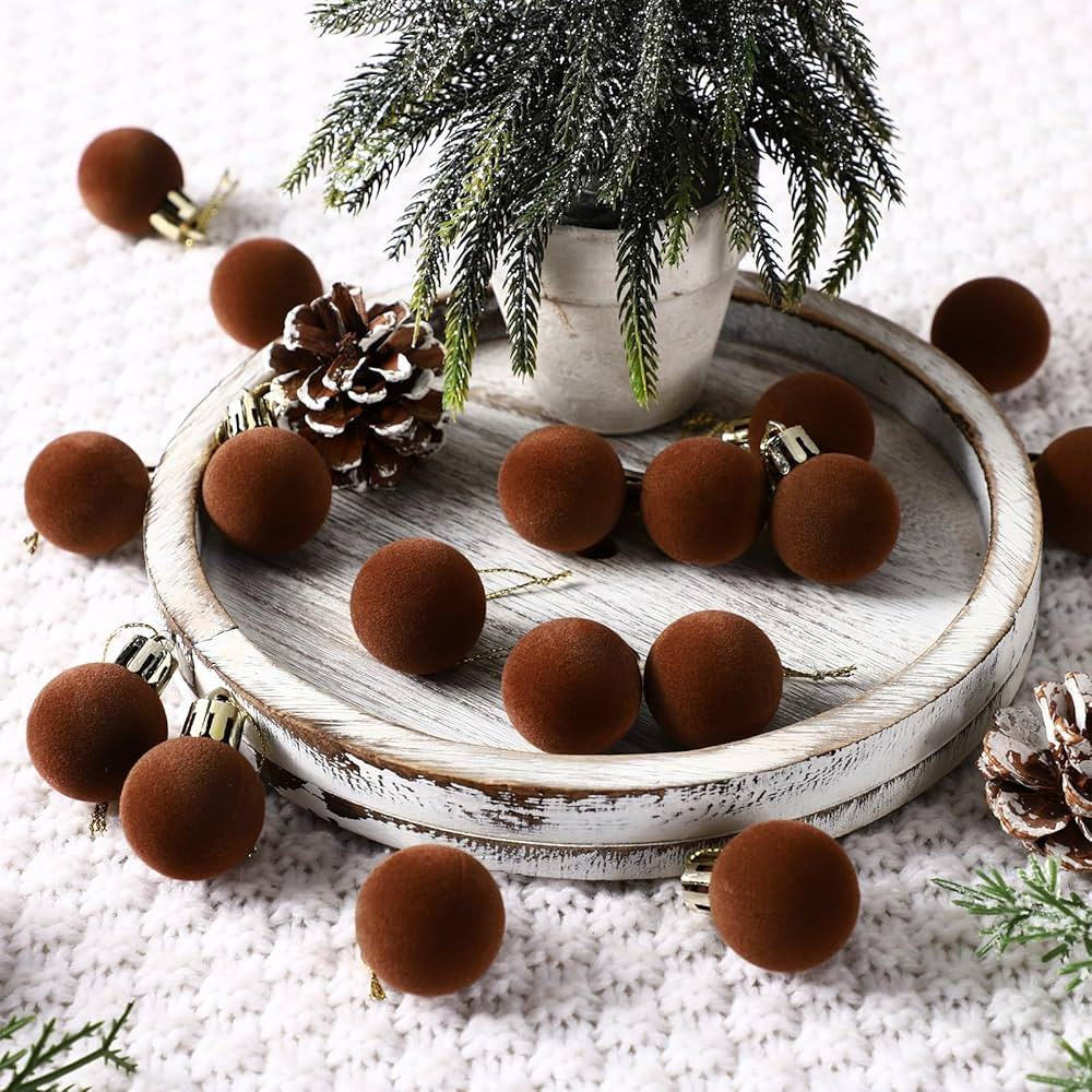 Lenwen 54 Pcs Brown Velvet Christmas Balls Ornaments Bulk 1.18 Inch Mini Neutral Flocked Christma... | Amazon (US)