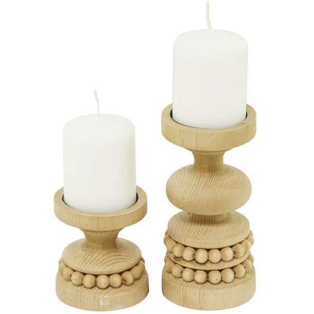The Novogratz 2 Candle Brown Wood Beaded Pillar Candle Holder, Set of 2 | Walmart (US)