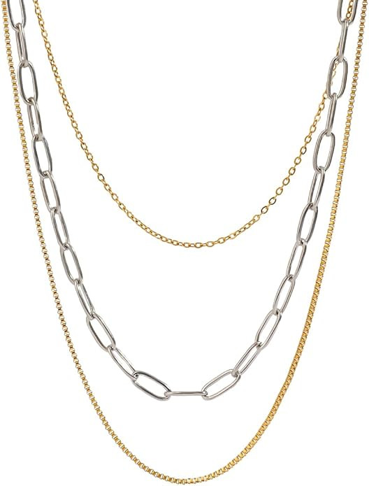 Stackable Chains Women 18K Plated Box Cuban Paperclip Layered Chain Choker Necklace Gold Silver M... | Amazon (US)