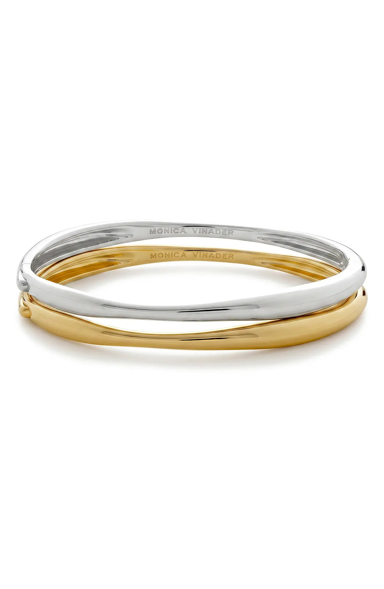 Monica Vinader Nura Set of 2 Two-Tone Sterling Silver Bangle Bracelets (Online Trunk Show) in 18K Gold Vermeil at Nordstrom, Size Small | Nordstrom