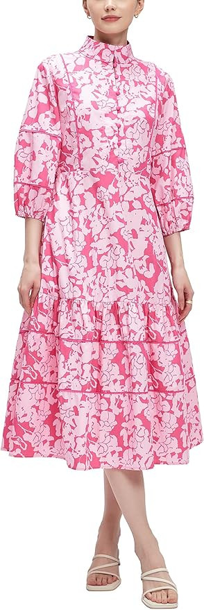 D-Sun Women Floral Maxi Dress Elegant Printed Button Down 3/4 Puff Sleeve Tiered A-Line Flowy Par... | Amazon (US)