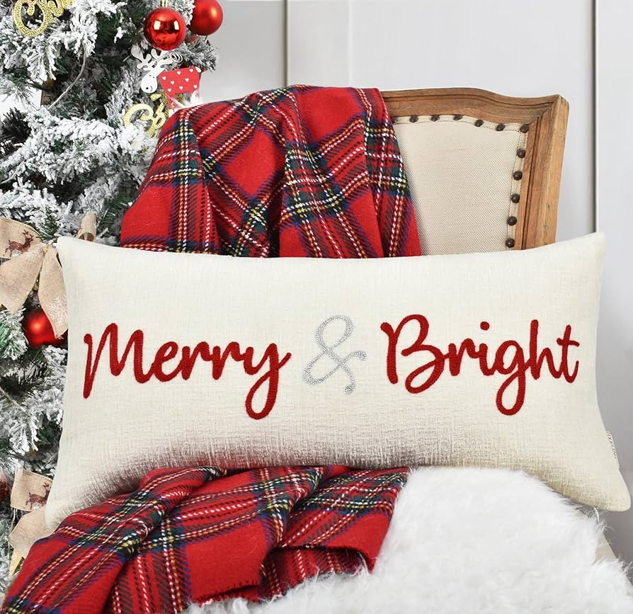 Nice Merry and Bright Christmas Decor Cotton Burlap Decorative Rectangle Throw Lumbar Waist Pillo... | Amazon (US)