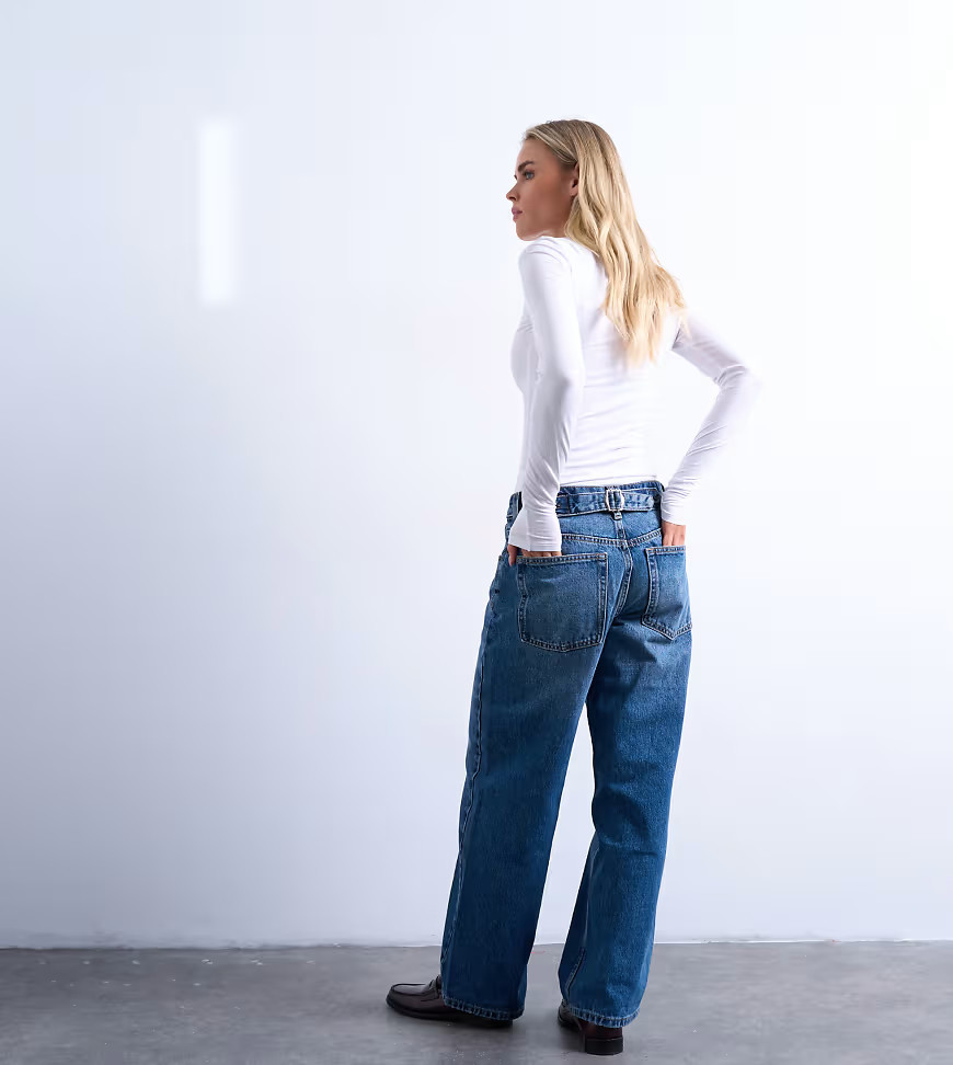 Topshop Petite Cinch low rise relaxed jean in vintage blue | ASOS (Global)
