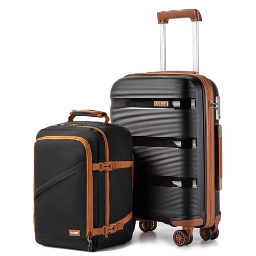 Kono Luggage Sets 2 Piece Hard Shell Polypropylene Travel Trolley with 4 Spinner Wheels TSA Lock Carry On Hand Cabin Suitcase with Backpack (Black/Brown, 21 inch) | Amazon (US)
