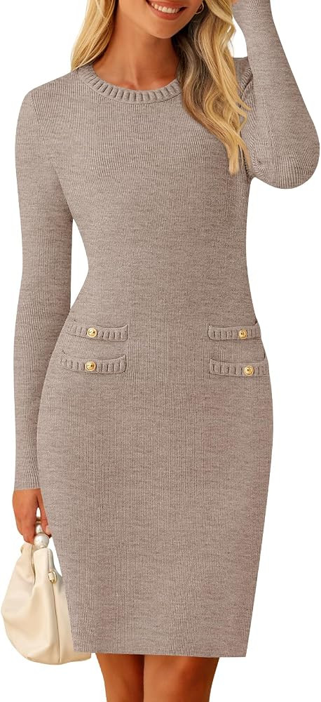 MEROKEETY Women's Long Sleeve Sweater Dress Crew Neck Work Party Vintage Knit Bodycon Short Dress | Amazon (US)