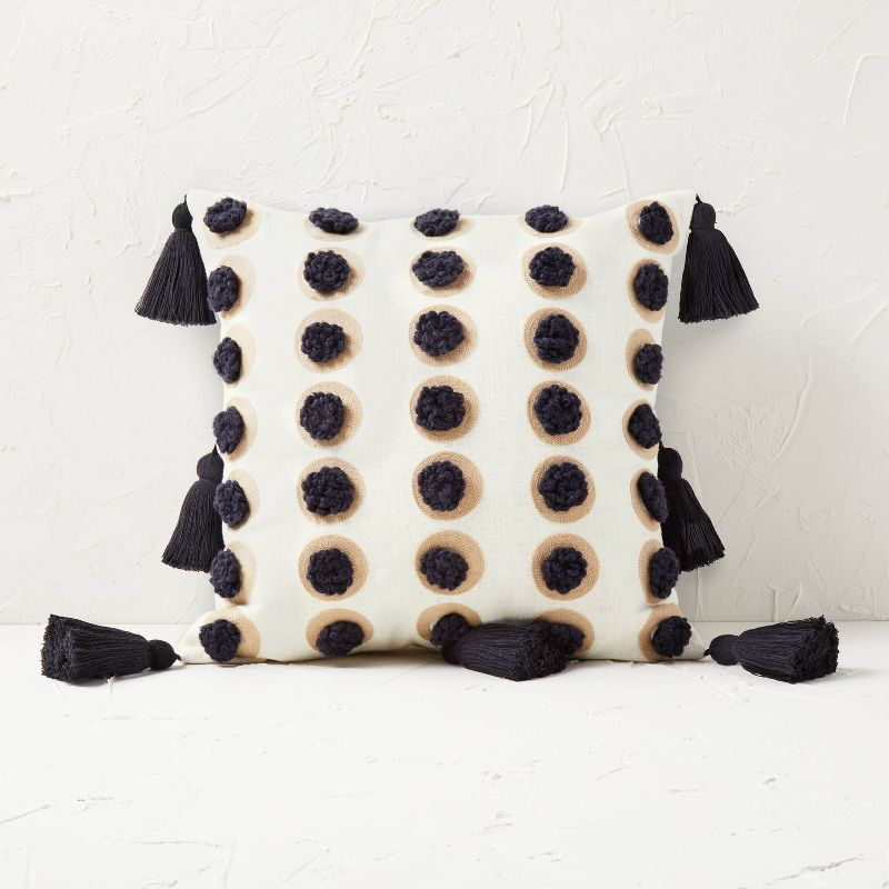 Embroidered Dots with Pom-Poms Square Throw Pillow Cream/Black - Opalhouse™ designed with Junga... | Target