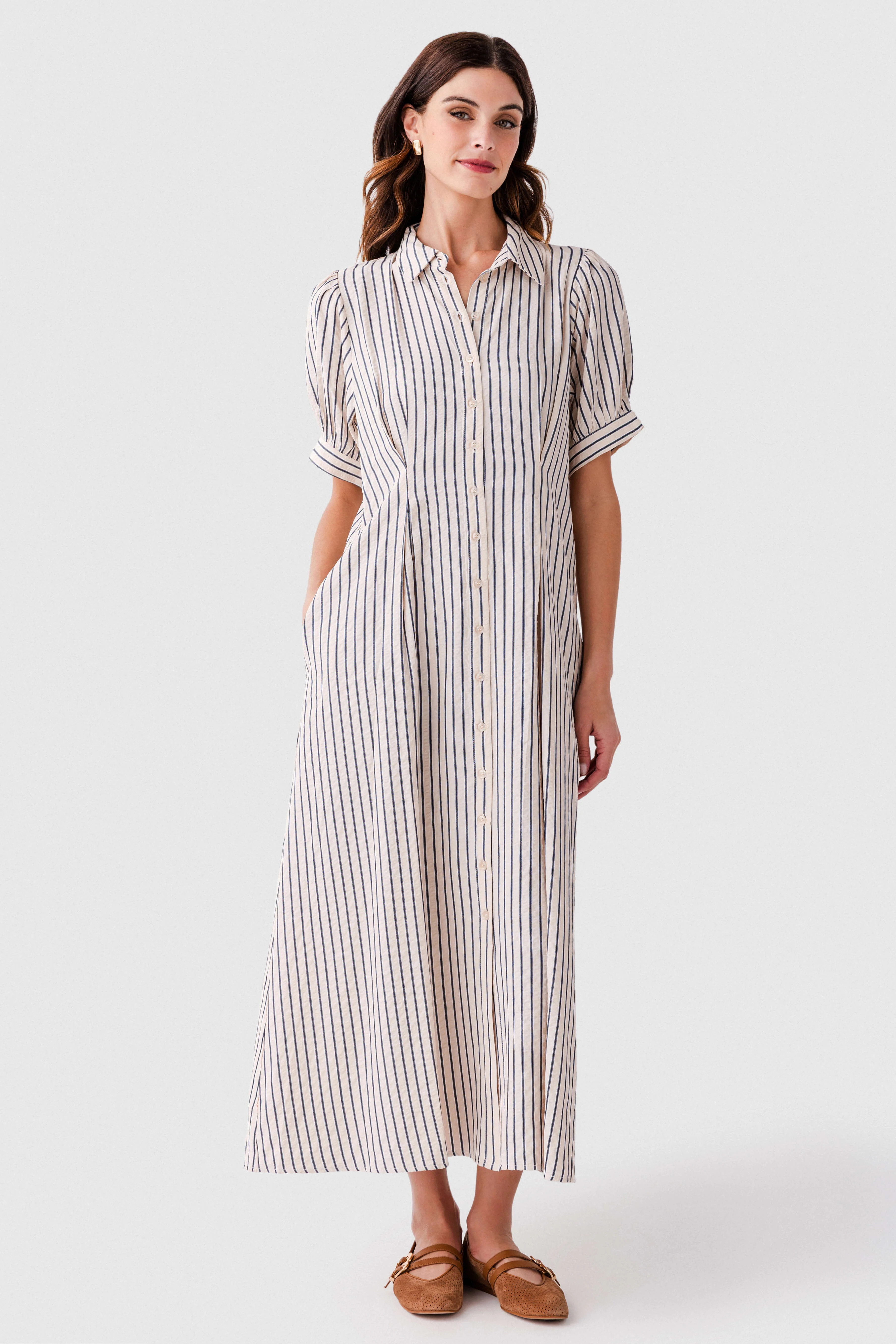 Jodifl Striped Pintuck Flare Midi Dress | Social Threads