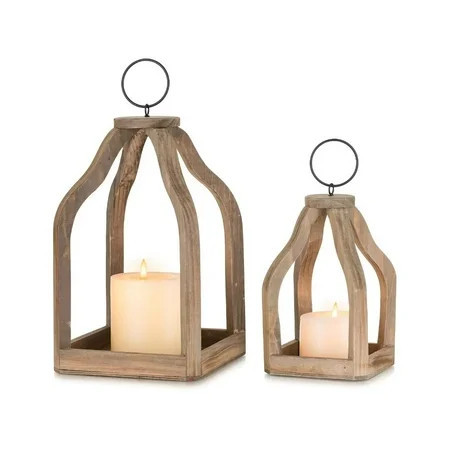 Sziqiqi Wood Decorative Candle Lanterns Set of 2, Indoor Farmhouse Hanging Candle Holder for Table Centerpiece Fireplace Mantle Shelf, 11" & 8" Bulk Rustic Home Decor Fall Ornaments, Brown | Walmart (US)