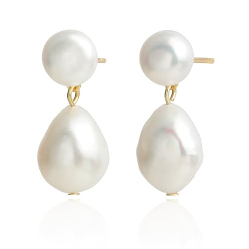Handmade Freshwater Cultured White Baroque Pearl Dangling Drop Earrings for Women, 14K Gold Plate... | Amazon (US)