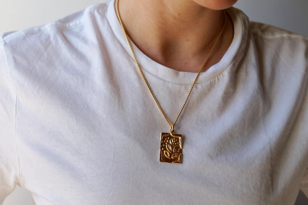 Golden Amulet With Abstract Ornaments, Rectangular Pendant With Organic Leaves Ornaments - Etsy | Etsy (US)
