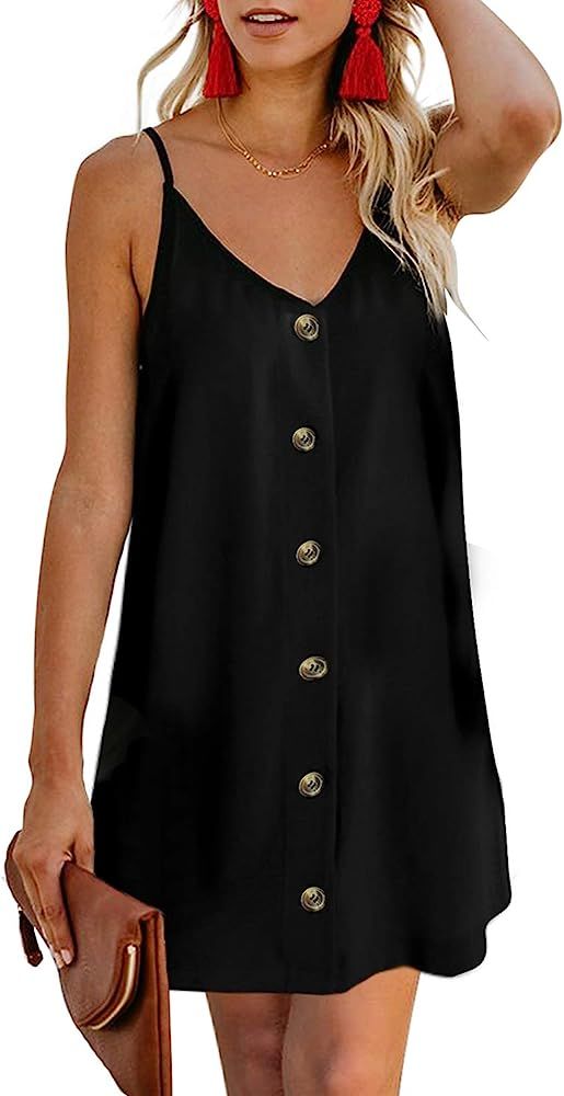 AlvaQ Women 2023 Summer Spaghetti Strap Button Down V Neck Sleeveless Casual Mini Dress Strappy S... | Amazon (US)