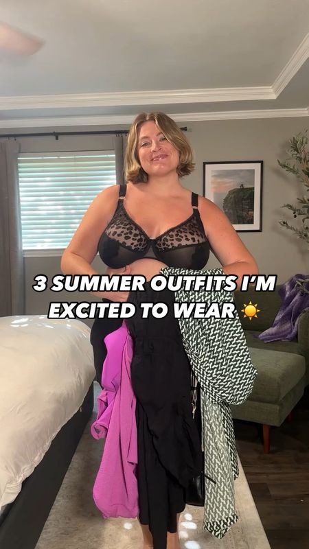 Summer outfit ideas — plus size — mid size — warm weather outfits 

Jean shorts- size up 1
Tshirt and dress - TTS
Swimsuit - size down 3 cup sizes 
Printed pants - similar linked 
