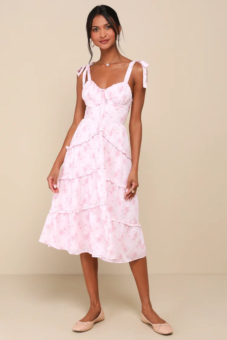 Unbelievably Darling Pink Floral Buster Tie-Strap Midi Dress | Lulus