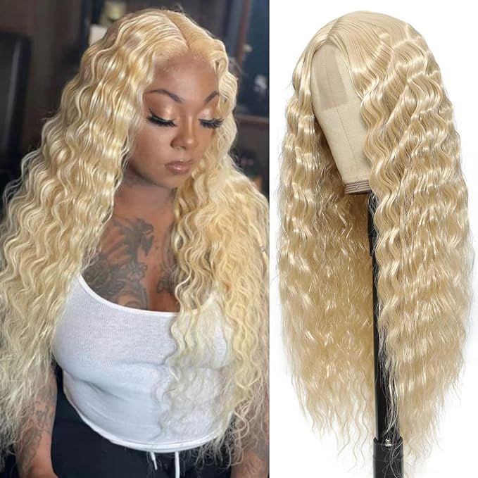 28" Synthetic Curly Wig Honey Blonde Lace Front Wigs for Women Long Deep Wave Lace Wigs Natural C... | Amazon (US)