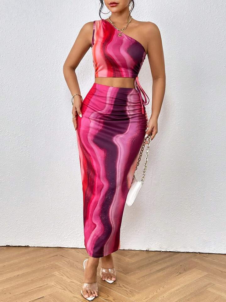 SHEIN Essnce Tie Dye Print One Shoulder Drawstring Side Crop Top & Pencil Skirt | SHEIN
