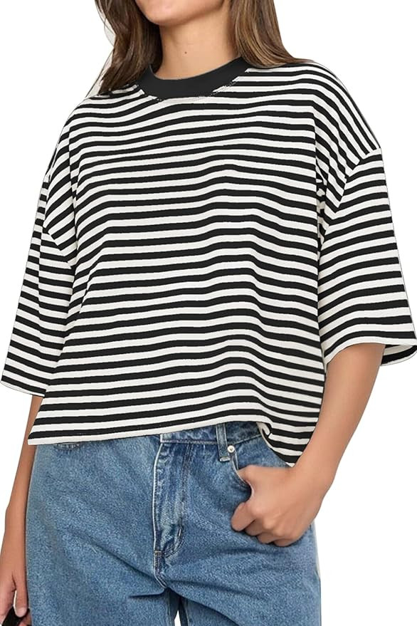 CHYRII Womens Oversized Striped T Shirts Short Sleeve Fashion 2026 Casual Crewneck Summer Y2K Clo... | Amazon (US)