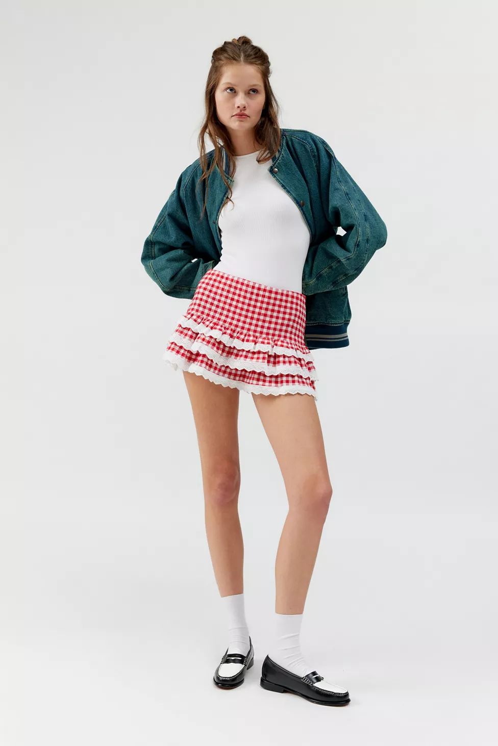 Urban Renewal Remnants Gingham Ruffle Lace Trim Mini Skirt | Urban Outfitters (US and RoW)