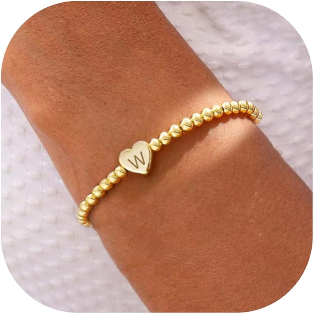 Beaded Bracelets for Women Dainty Heart Initial Bracelet Letter A-Z Charm Bracelet for Women Stre... | Amazon (US)
