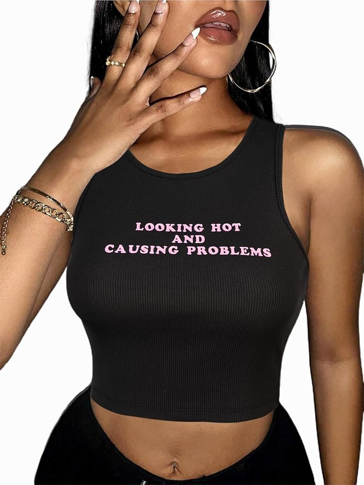 Hilinker Women's Summer Tank Tops Sleeveless Letter Graphic Printed Ribbed Knit Basic Crop Cami T... | Amazon (US)