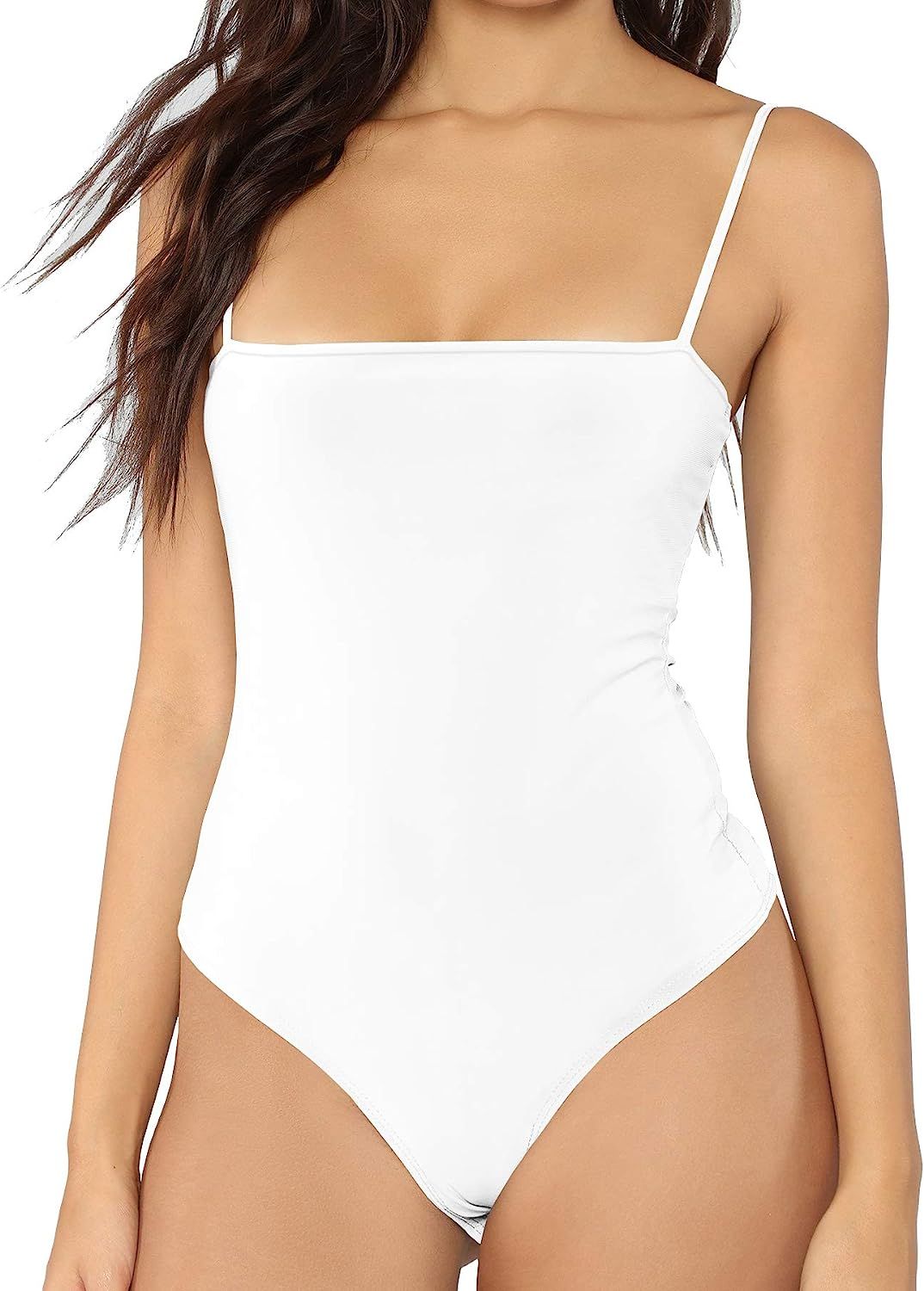 MANGDIUP Women's Square Neck Backless Camisole Adjustable Spaghetti Strap Bodysuit | Amazon (US)