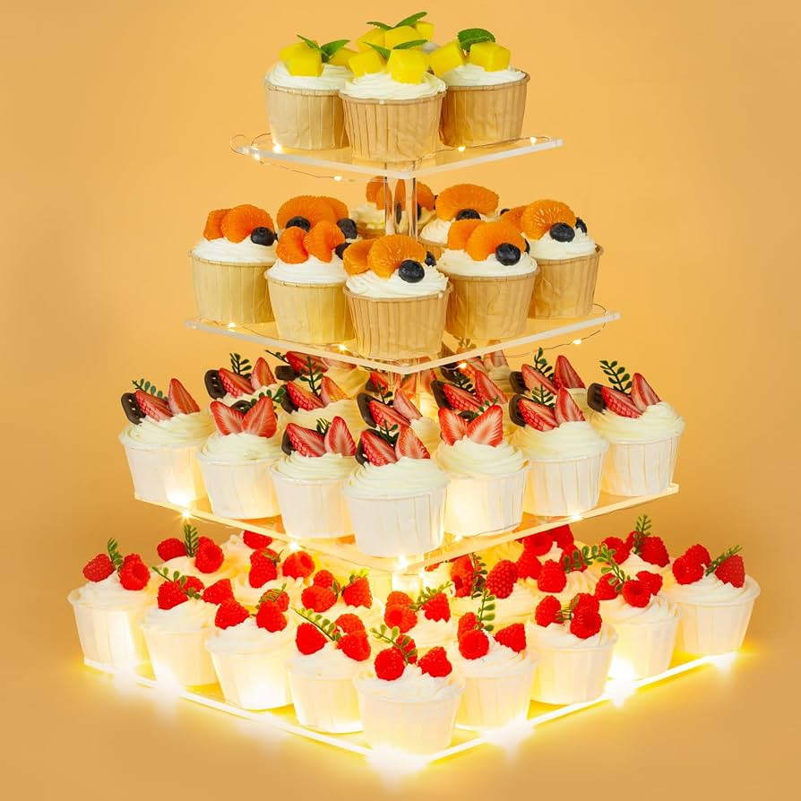 4 Tier Premium Cupcake Stand Cupcake Holder, Acrylic Cupcake Tower with LED Yellow Light for Cupc... | Amazon (US)