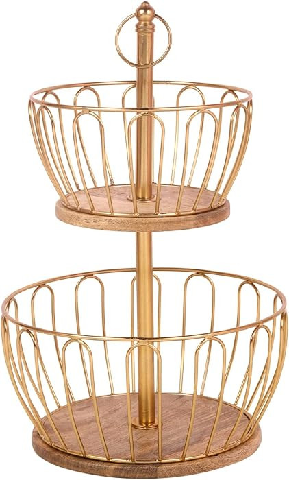 Craft Brio 2 Tier Home and Kitchen Fruit Vegetable Baskets Metal and Wooden Multicolor Black/Gold... | Amazon (US)