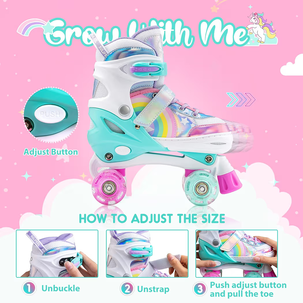 SULIFEEL Rainbow Unicorn 4 Size Adjustable Roller Skates for Girls Boys for Kids Ages 3-5 5-8 6-1... | Amazon (US)