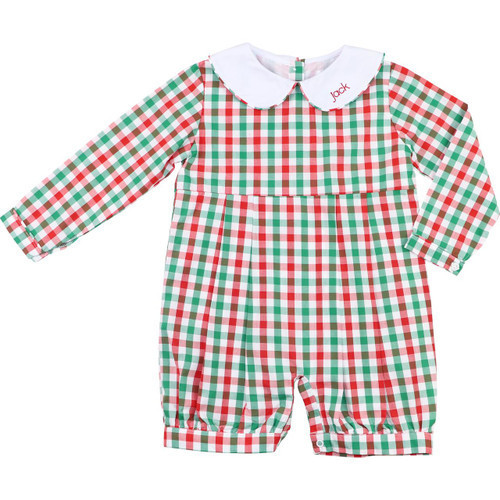 Red And Green Holiday Check Short Romper | Cecil and Lou