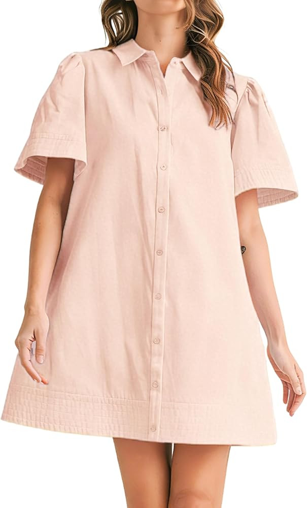 Meyhad Womens Short Sleeve Button Down Mini Shirt Dress Lapel Collar Short Dresses with Pocket(09... | Amazon (US)