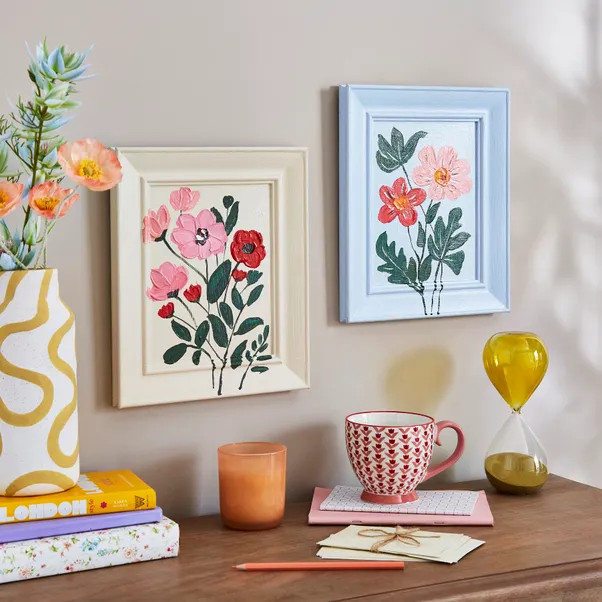 Set of 2 Hand Painted Flowers Wall Art | Dunelm