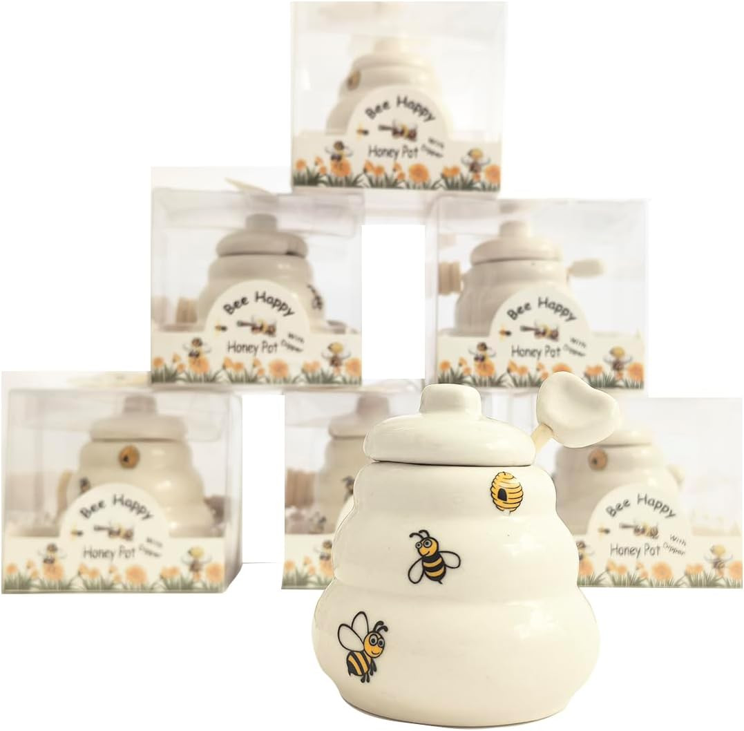 6 Pack Ceramic Honey Jar with Wooden Honey Dipper-Honey Pot with Dipper- Mini Honey Jar with Stan... | Amazon (US)