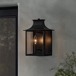 Emory Hills 13 in. 2-Light Matte Black Hardwired Outdoor Wall Light Lantern Sconce with No Bulbs ... | The Home Depot