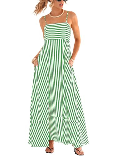 CUPSHE Womens Summer Maxi Dress Casual Sleeveless Square Neck Striped Beach Long Dress with Pockets Green, L | Amazon (US)