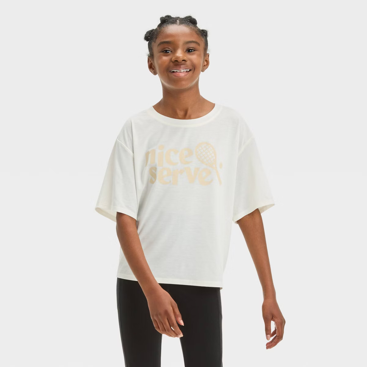 Girls' Short Sleeve 'Nice Serve' Graphic T-Shirt - All In Motion™ Cream | Target