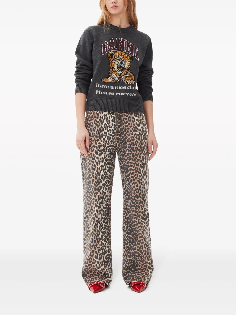 GANNI Leopard Print Denim Trousers - Farfetch | Farfetch Global