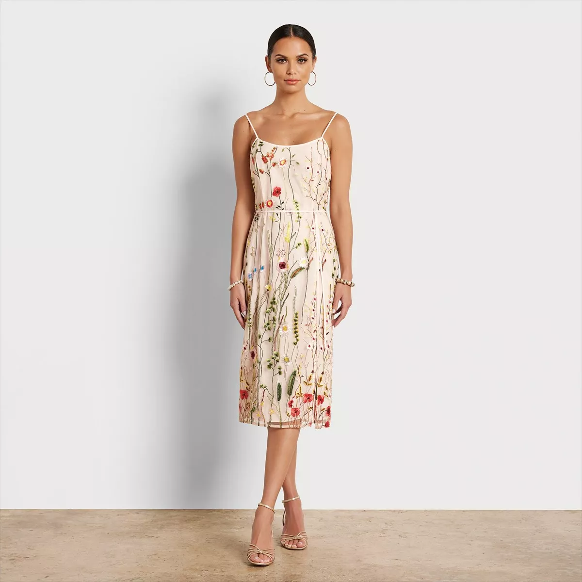 Floral embroidered midi outlet dress