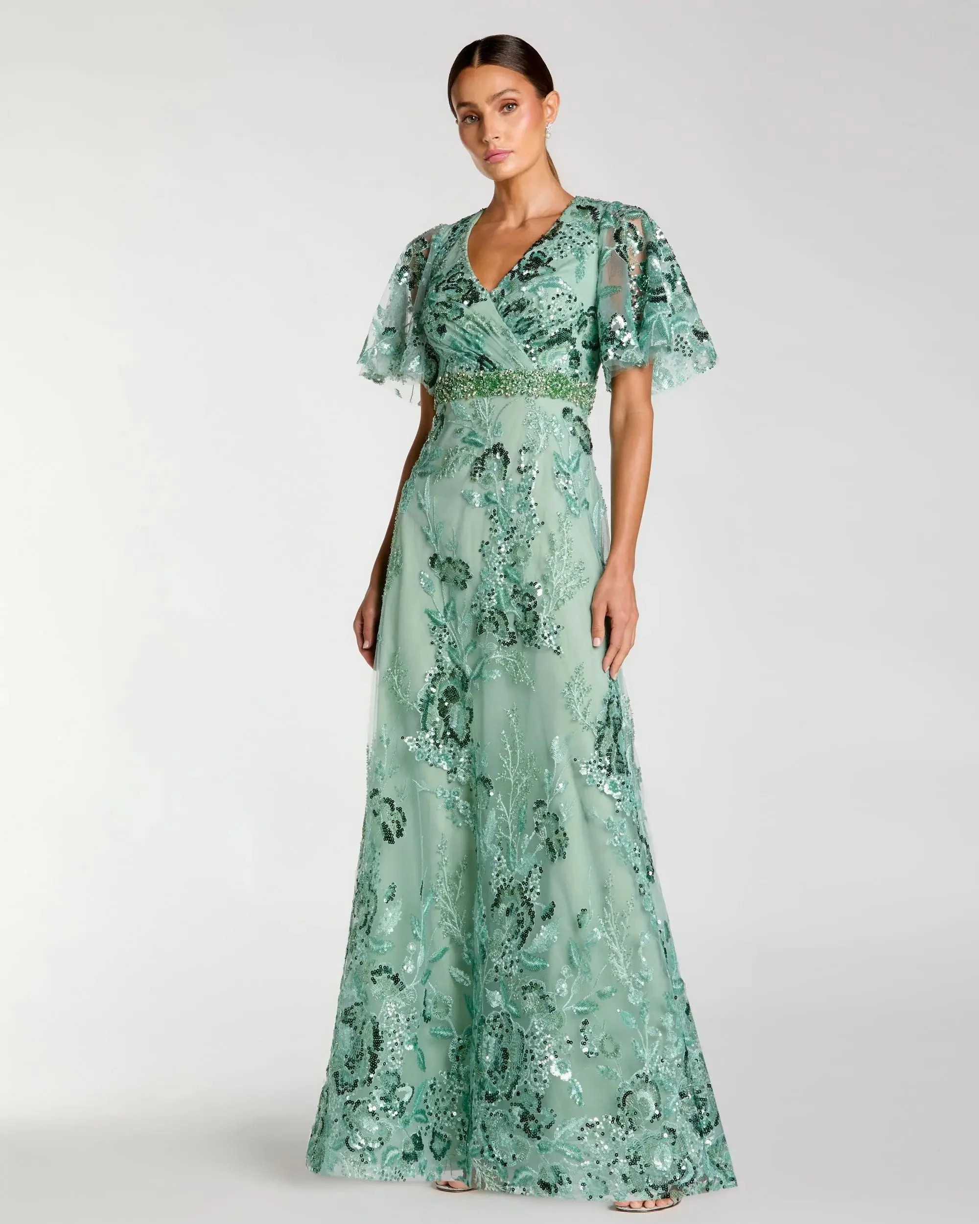 Green Floral Embellished Short Sleeve Gown | Mac Duggal | Mac Duggal