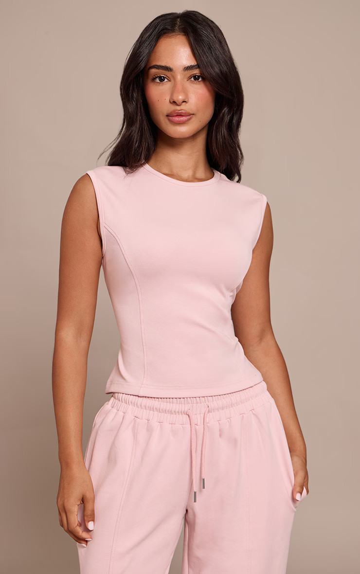 Petite Pink Interlock Cinched Waist Top | PrettyLittleThing US