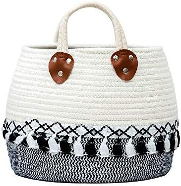 Zuijia Shenghuo Woven Basket Tassel Cotton Rope Storage with Handles Soft Diaper Cute White Black... | Amazon (US)