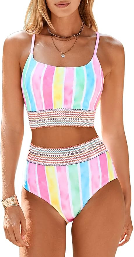 Herseas Women's Bikini Sets Colorblock Trim 2 Piece High Waisted Swimsuit Scoop Neck Adjustable S... | Amazon (US)