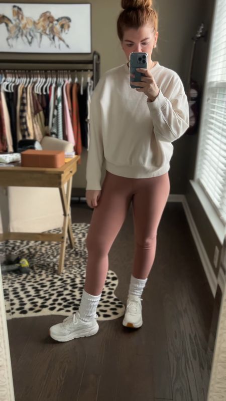 A very typical #MOOTD (mom outfit of the day 😜) . These leggings for low key days are amazing. I have on the matching sports bra and for low impact workouts like yoga, walking, Pilates… they’re great! Not for high impact or running. 

Leggings: Large
Bra: large
Sweatshirt: large 
Sneakers and socks also linked 

#LTKfindsunder50 #LTKfitness #LTKstyletip